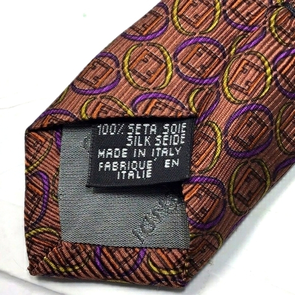 FENDI VINTAGE Copper With Gold and Purple Rings around Logo Print Silk Tie - Picture 10 of 15